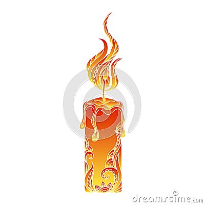 Isolated hand drawn outline colored candle light on white background. Ornament of curve lines. Vector Illustration