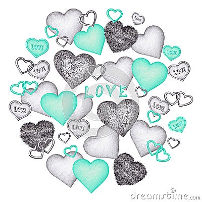 Isolated Hand drawn Pencil drawing different black and white and turquoise hearts Stock Photo