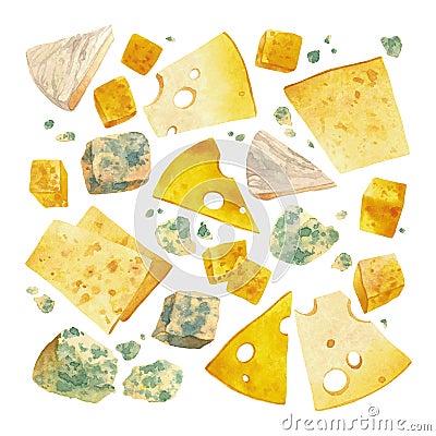 Set of isolated watercolor different cheeses Stock Photo