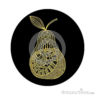Isolated hand drawn yellow outline pear on black round background. Ornament of curve lines. Vector Illustration