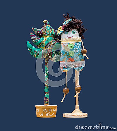 Isolated handmade soft toy Christmas tree & curly hair and funny Stock Photo