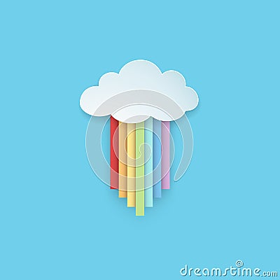 Isolated hanging cartoon rainbow colored ribbons with rainy cloud on the blue background. Paper art style. Vector Illustration