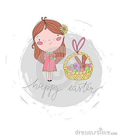 Isolated happy easter vector illustration with cute girl, basket, eggs, bunny and calligraphy lettering. unique spring easter card Vector Illustration