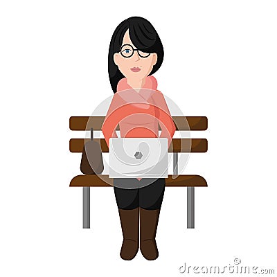 Isolated happy female hipster character cartoon on a bench Vector Vector Illustration