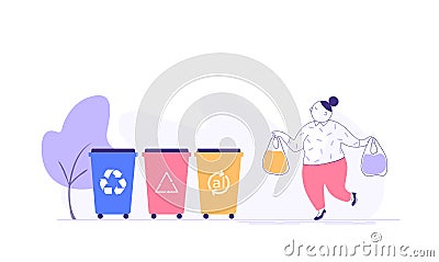 Isolated happy girl with trash bags sorts trash. Garbage sorting concept.Saving Earth Ecology Environmental conservationist. Stock Photo