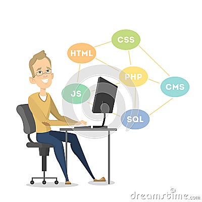 Isolated happy programmer. Vector Illustration