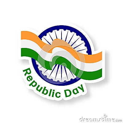 Isolated Happy Republic Day, Tricolor Waving Ribbon With Ashoka Wheel Icon Or Stock Photo