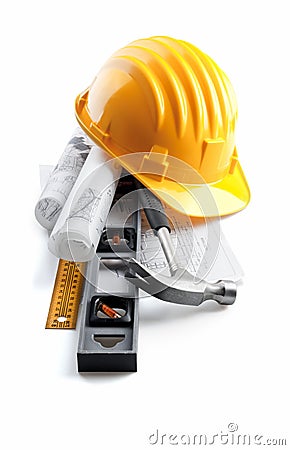 Isolated hard hat with tools and blueprint on whit Stock Photo