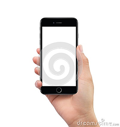 Isolated human hand holding black mobile smart phone mockup Stock Photo