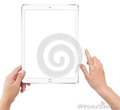 Isolated human left hand holding white tablet computer Stock Photo