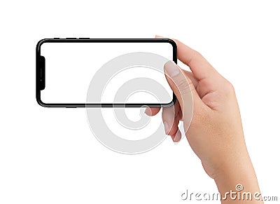 Isolated human right hand holding black horizontal mobile phone Stock Photo
