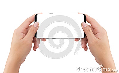 Isolated human two hands holding black mobile white display smartphone Stock Photo