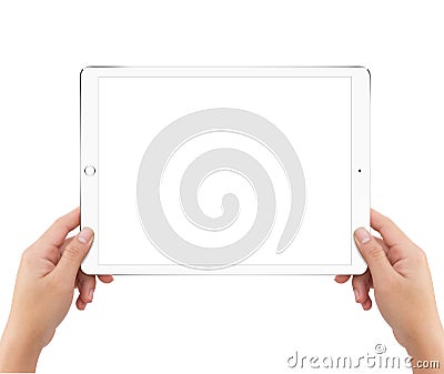 Isolated human two hands holding white tablet computer Stock Photo