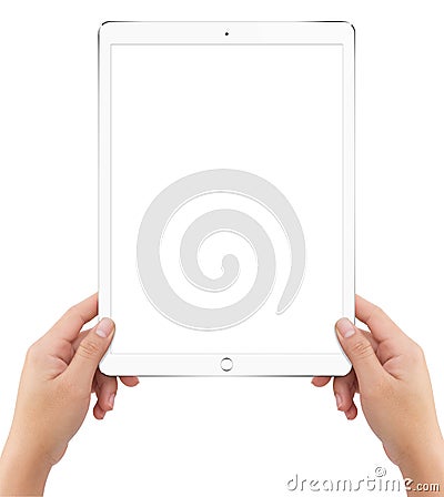 Isolated human two hands holding white tablet computer Stock Photo