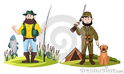 Hunter and fisherman. Hunt man and fisher with rod Vector Illustration