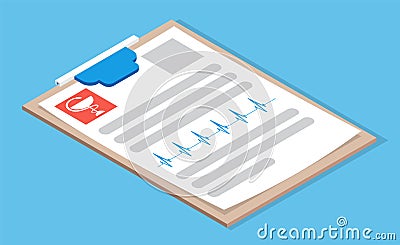 Isolated icon clipboard with diagnosis of patient, cardiogram, medical info, results of medical test Vector Illustration
