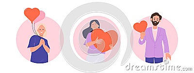 Isolated icon set of round composition with happy diverse people characters falling in love Vector Illustration