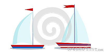 Isolated icons of cartoon style blue and red sailboats with one and two sails Vector Illustration