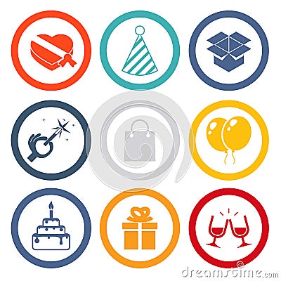 Isolated icons set Gift, Party, Birthday Vector Illustration