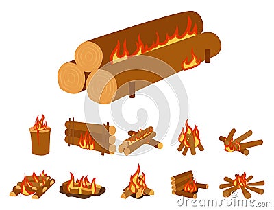 Isolated illustration of campfire logs burning bonfire and firewood stack vector Vector Illustration