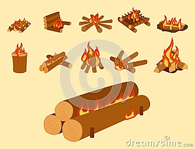 Isolated illustration of campfire logs burning bonfire and firewood stack vector Vector Illustration