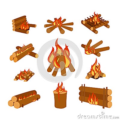 Isolated illustration of campfire logs burning bonfire and firewood stack vector Vector Illustration