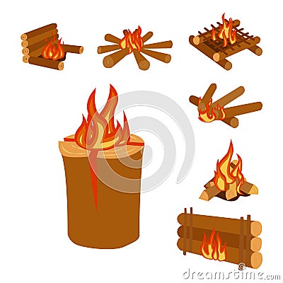 Isolated illustration of campfire logs burning bonfire and firewood stack vector Vector Illustration