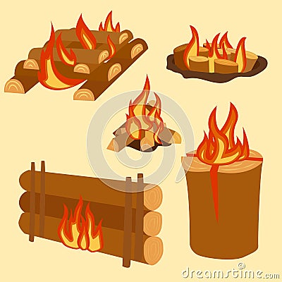 Isolated illustration of campfire logs burning bonfire and firewood stack vector Vector Illustration