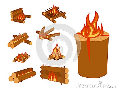 Isolated illustration of campfire logs burning bonfire and firewood stack vector Vector Illustration