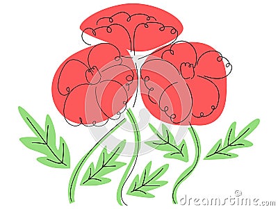 Isolated illustration with lines of three poppy flowers. Vector Illustration