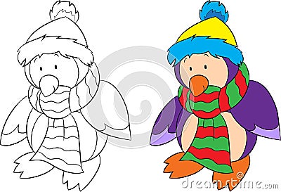 Before and after isolated illustration of a penguin, black and white and color, for children`s coloring book or Christmas card Vector Illustration