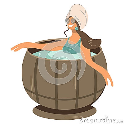 Isolated illustration with woman, girl relaxing in a hot barrel. Home spa. Bath procedures and pleasant rest. Healthy Vector Illustration