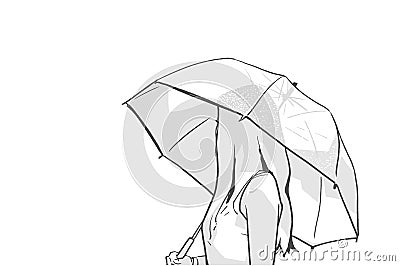 Isolated illustration of young woman holding umbrella in the rain and looking backwards Stock Photo