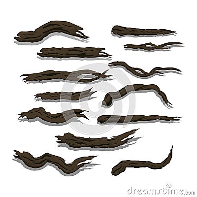 Isolated image of broken trees. Forest object. Brown branches on white background. Swamp element. Set of old trunks Vector Illustration