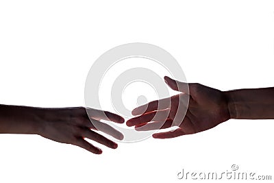 Isolated image of a silhouette of the boy`s hands reaching for the woman`s hand. Hands of mother and son. The concept of family, Stock Photo