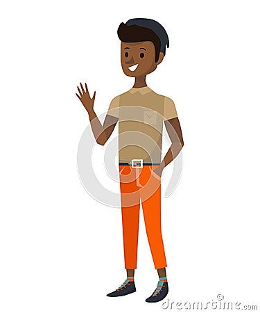 Isolated indian guy waving his hand, saying hello or goodbye. flat black men vector illustration. teenage boy wearing beige shirt. Vector Illustration