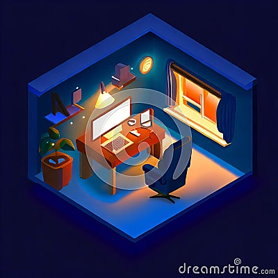 Isolated isometric home office at night Stock Photo