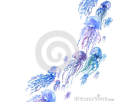 Isolated jellyfish groop watercolor illustration. Cartoon Illustration