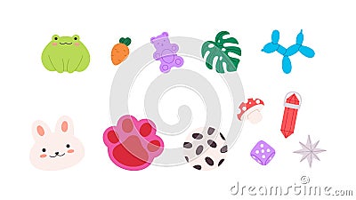 Isolated kawaii faces and elements, mushroom, gem and ball. Funny frog and bunny face, monstera leaf, carrot and pet Vector Illustration