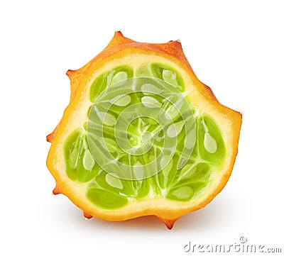 Isolated kiwano. Slice of kiwano melon fruit isolated on white background with clipping path. Stock Photo