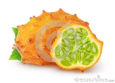 Isolated kiwanos. One whole kiwano melon fruit and slice with leaves isolated on white background Stock Photo