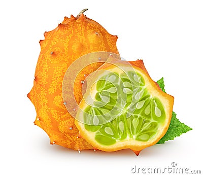 Isolated kiwanos. Whole kiwano melon fruit and slice with leaves isolated on white background with clipping path. Stock Photo