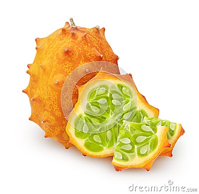 Isolated kiwanos. Whole kiwano melon fruit with slice and pieces isolated on white background with clipping path. Stock Photo