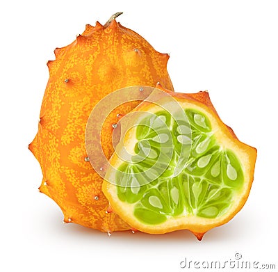 Isolated kiwanos. Whole kiwano melon fruit with slice isolated on white background with clipping path. Stock Photo