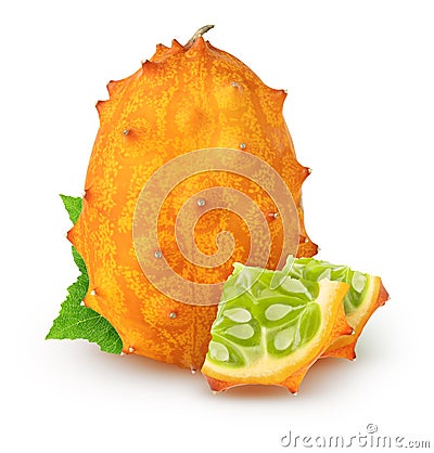 Isolated kiwanos. Whole kiwano melon fruit and two pieces with leaves isolated on white background with clipping path. Stock Photo