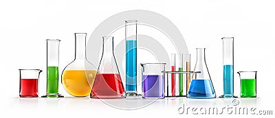 Isolated different laboratory glassware with colored liquids Cartoon Illustration