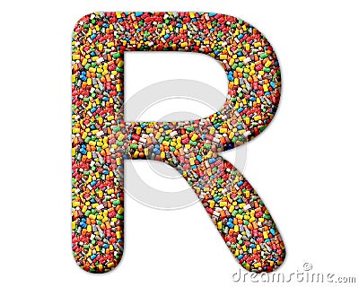 Isolated letter R composed of colored corn sticks on white background Stock Photo