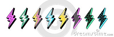 Isolated Lightning bolt signs. 5st set of flash thunderbolts with texture for zine retro culture Vector Illustration