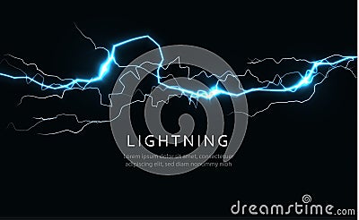 Isolated lightning, horizontal power and energy line, lightning strike, blue light from crack or gap on black background Vector Illustration