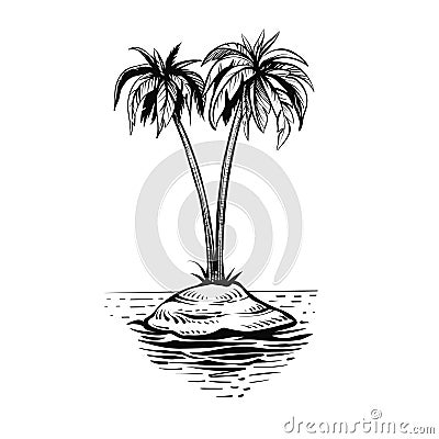 Isolated little island with palm tree, vector sketch. Vector Illustration